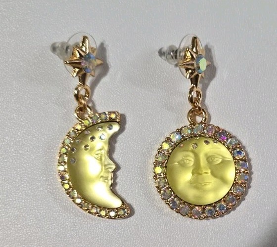 2″ KIRKS FOLLY YELLOW SEAVIEW MOON FACE CRYSTAL RHINESTONE DROP DANGLE EARRINGS