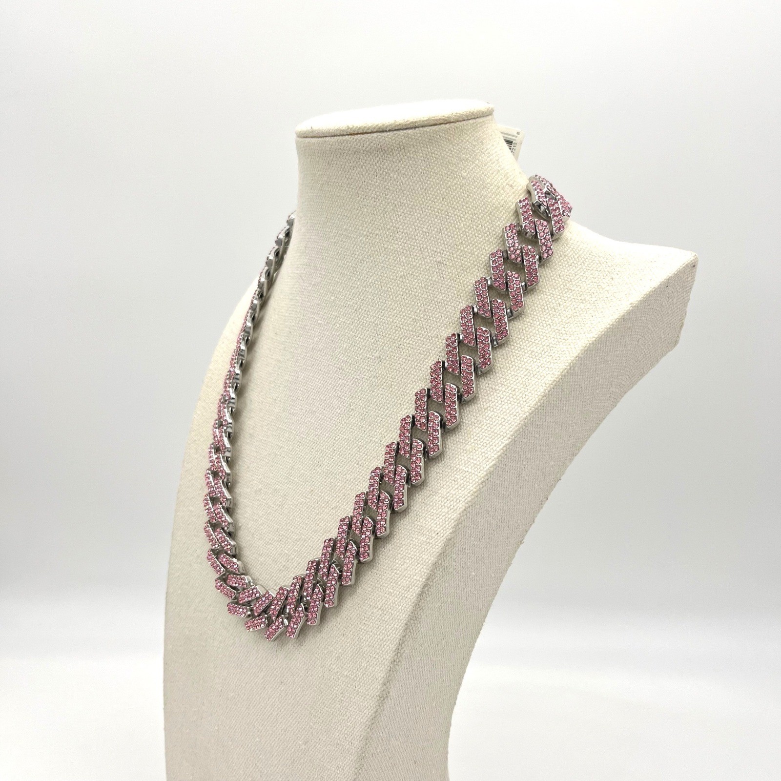 Invicta Pink Crystal Iced Out Cuban Link Chain Necklace Silver Tone 22 Inch