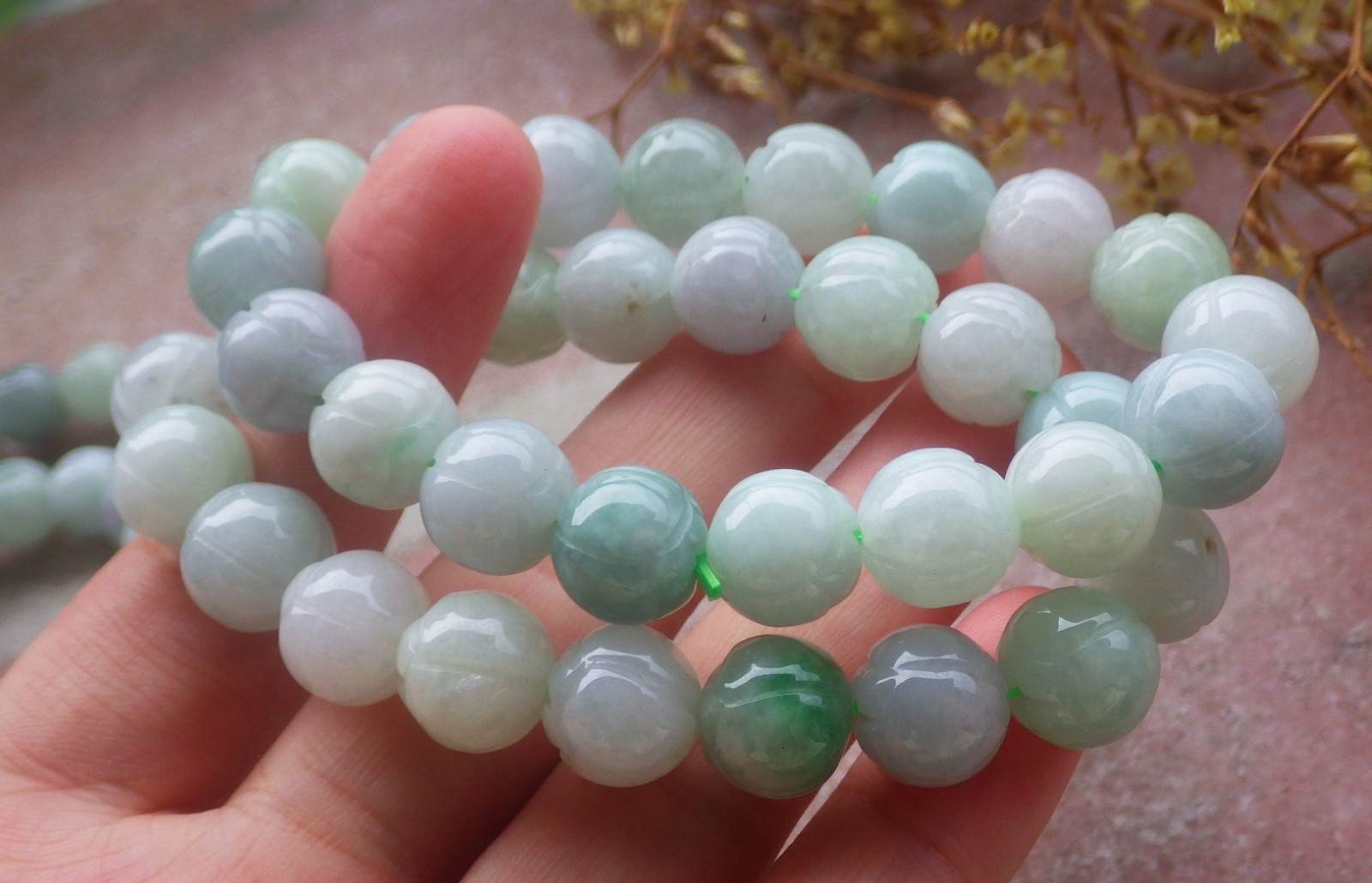 1 Pcs Green A JADE Jadeite Beads Bangle Lotus Flower Bracelet 7 inches 手链 737180