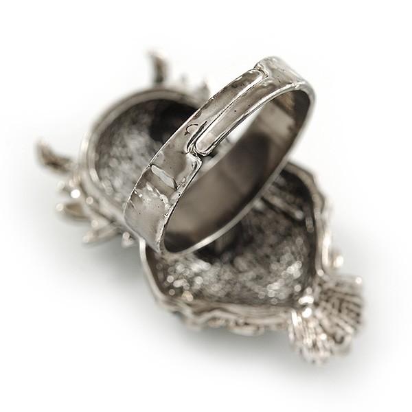 Owl Ring In Silver Tone Metal with Black Enamel Detailing – 30mm L – 7/8 Size –