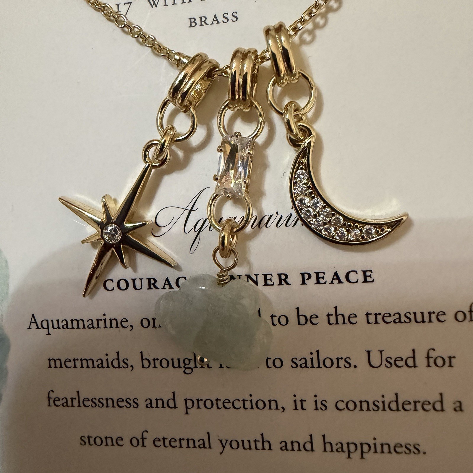 Luna C Norte Necklace Brass Genuine Stone 3 Pendant Star Moon And Aquamarine