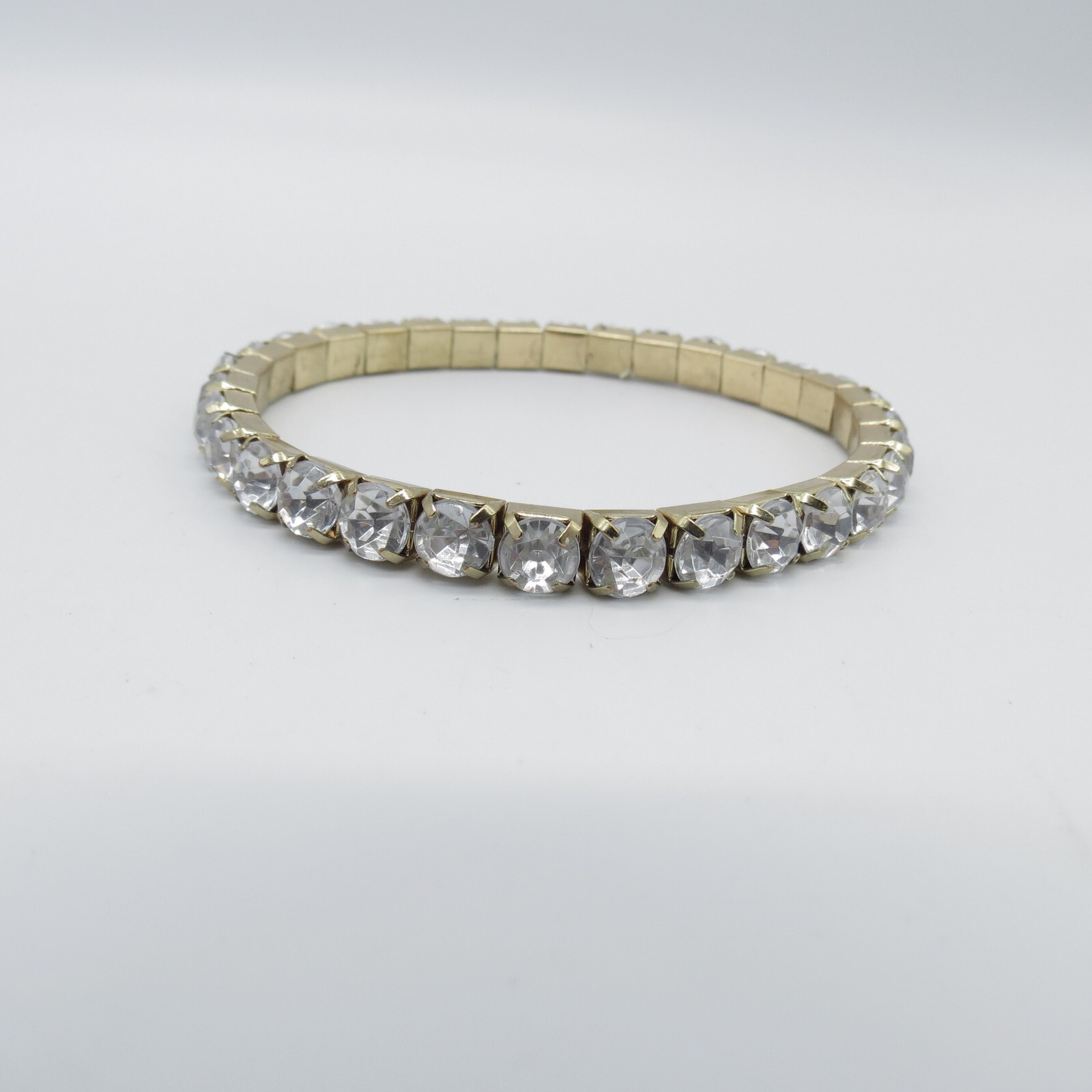 Rhinestone Stretch Bracelet Gold Tone Simple Everyday Wear 7.5″ *