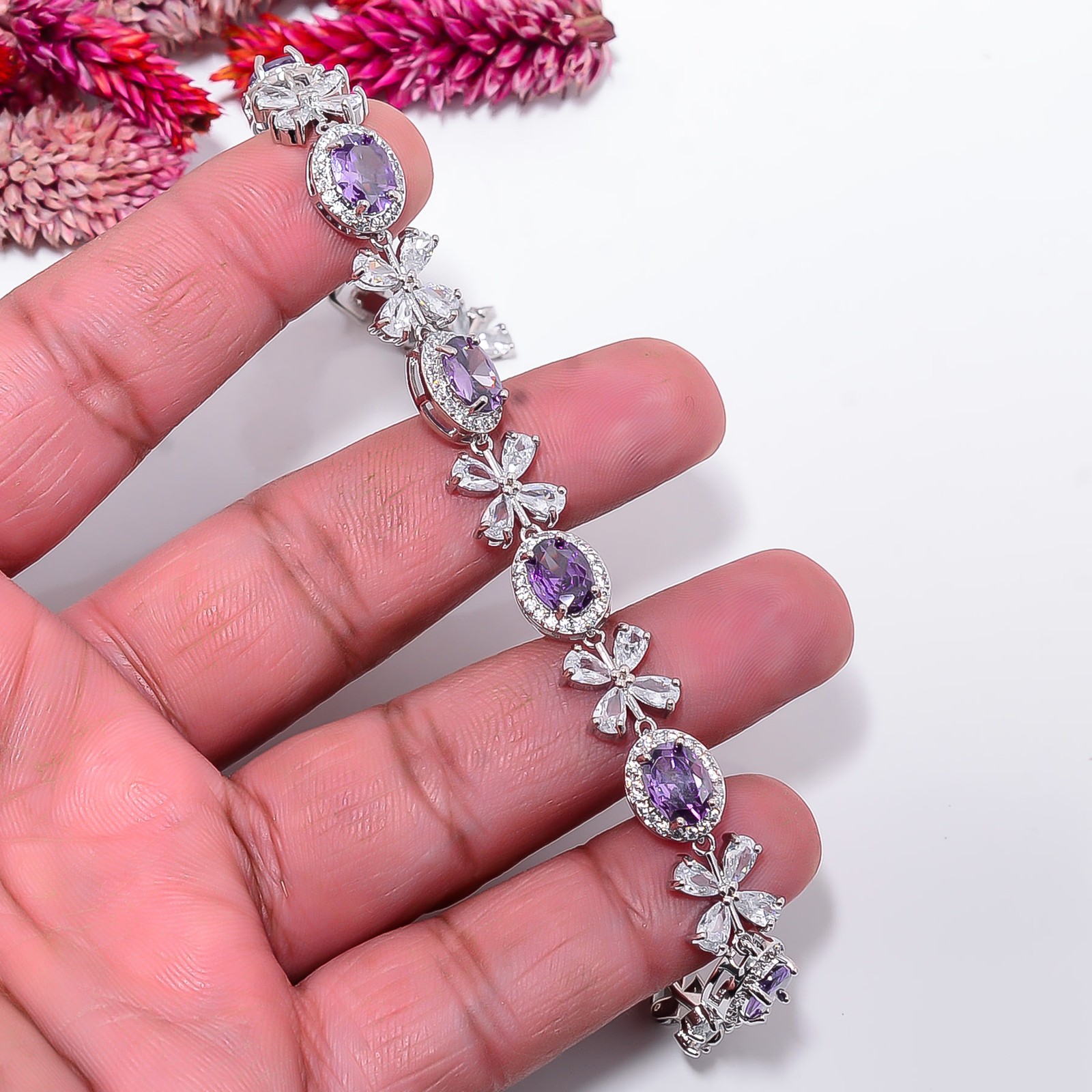 Purple Amethyst, CZ 925 Sterling Silver Adjustable Bracelet 7-8″ B130216