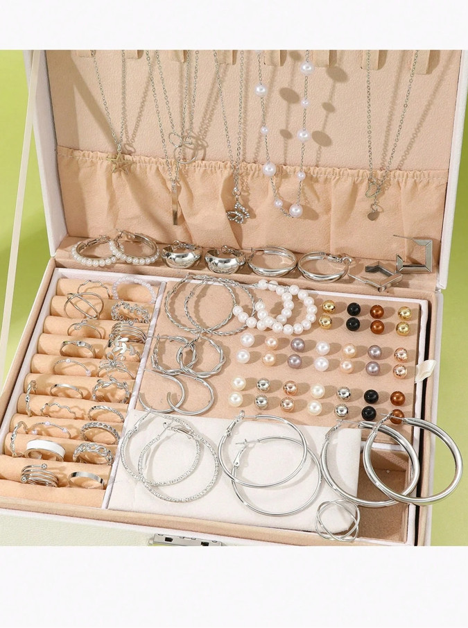 86pcs Elegant Pearl Jewelry Set Necklace Earrings Rings Bracelet Daily Wear Gift