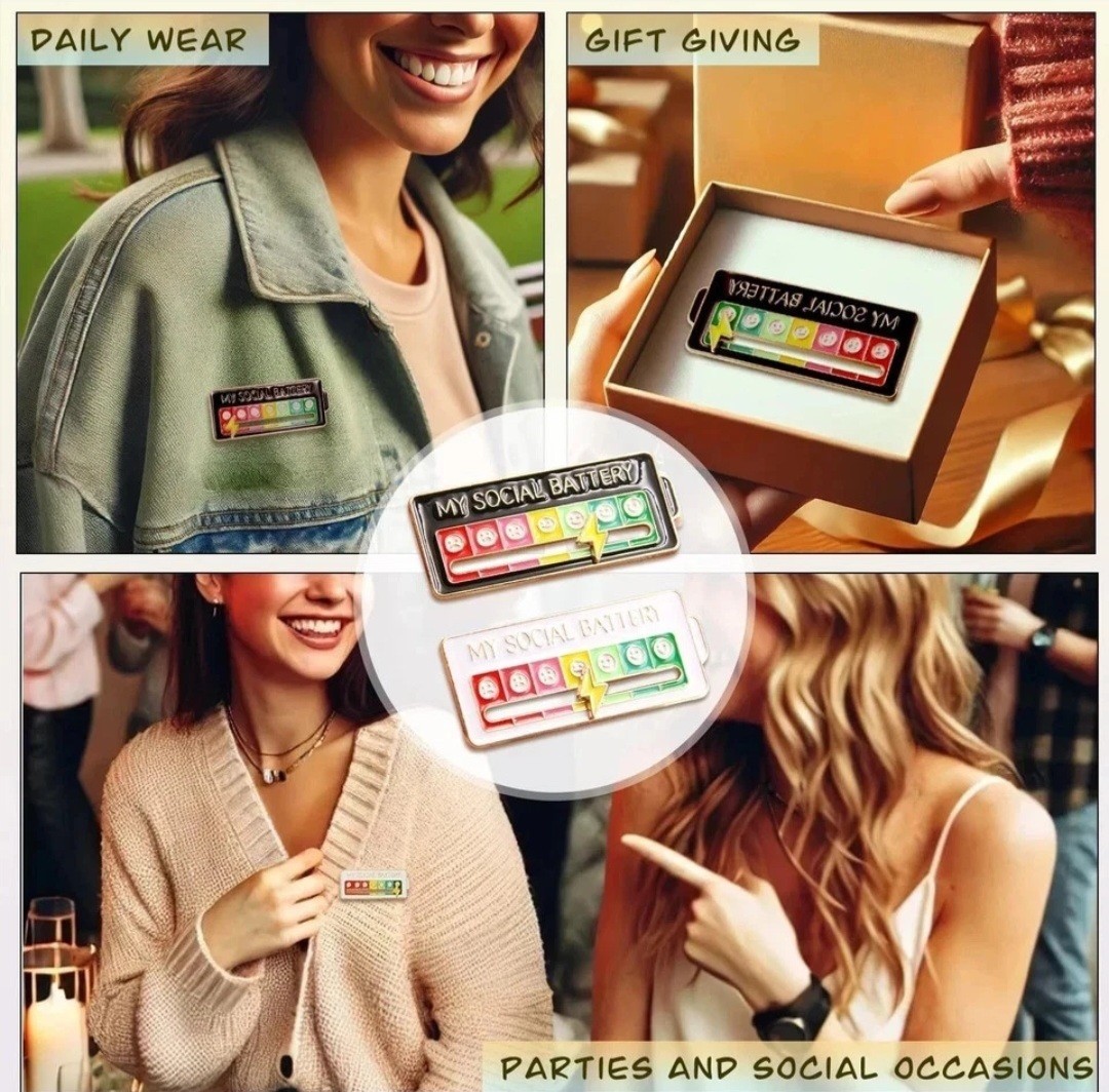 Funny Social Battery Slider Pin – 7-Mood Expression Badge, Interactive Pin