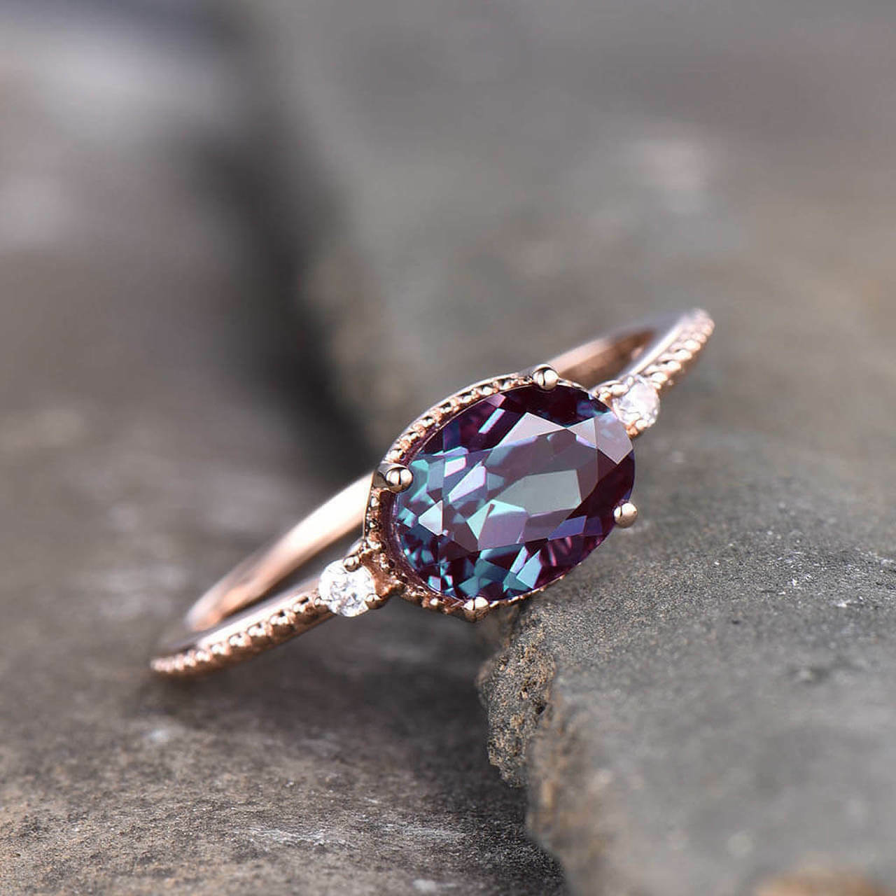 2Ct Oval Cut Simulated Alexandrite Engagement Ring 14K Rose Gold Plated