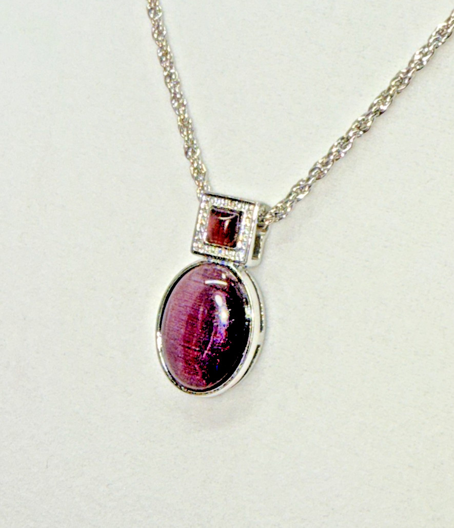 Vintage Silver Tone Purple Cats Eye Oval Statement Pendant Rope Chain Necklace