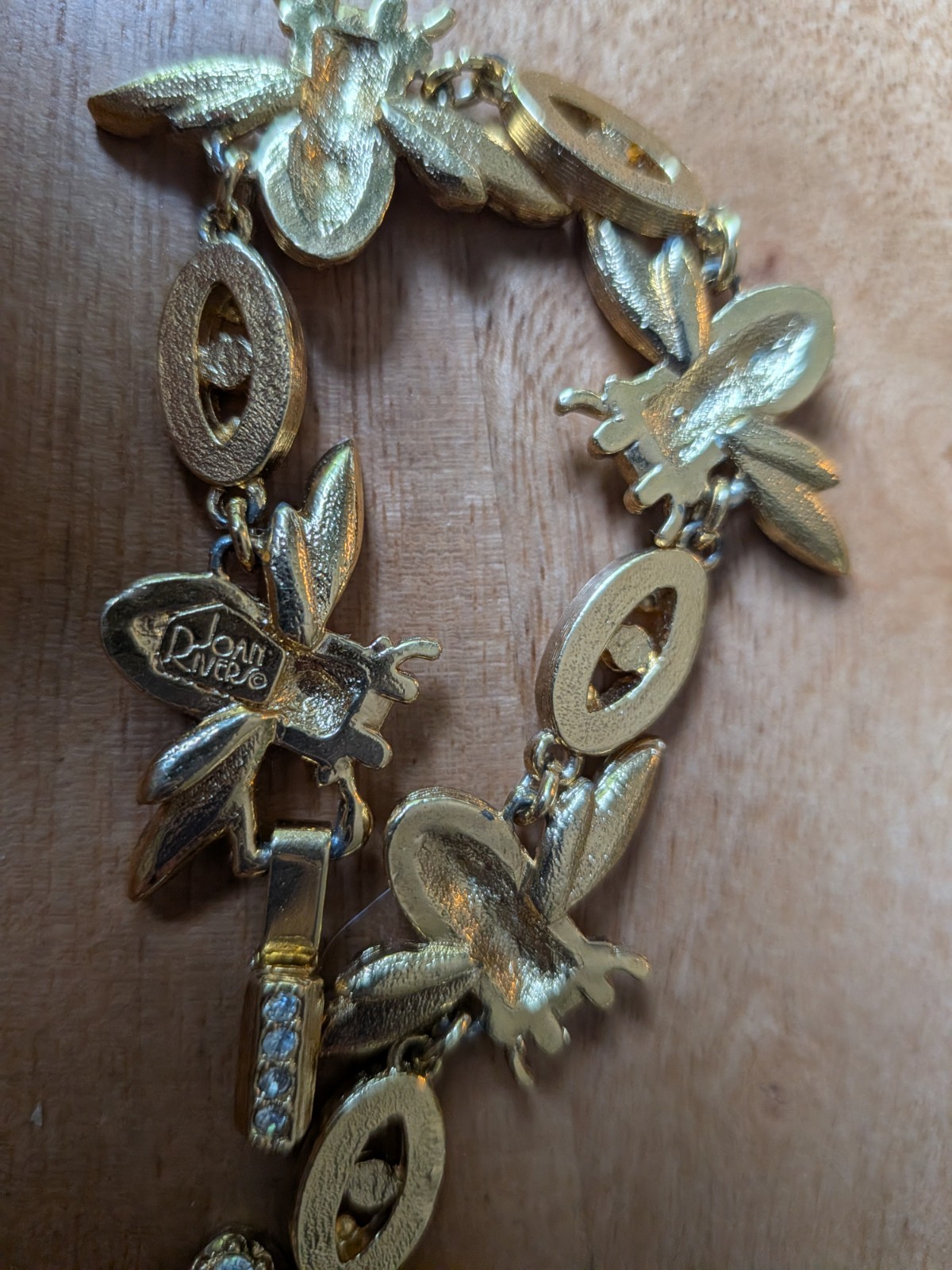 Joan Rivers Signed Gold Tone Bee Bar Link Crystal Rhinestone Bracelet