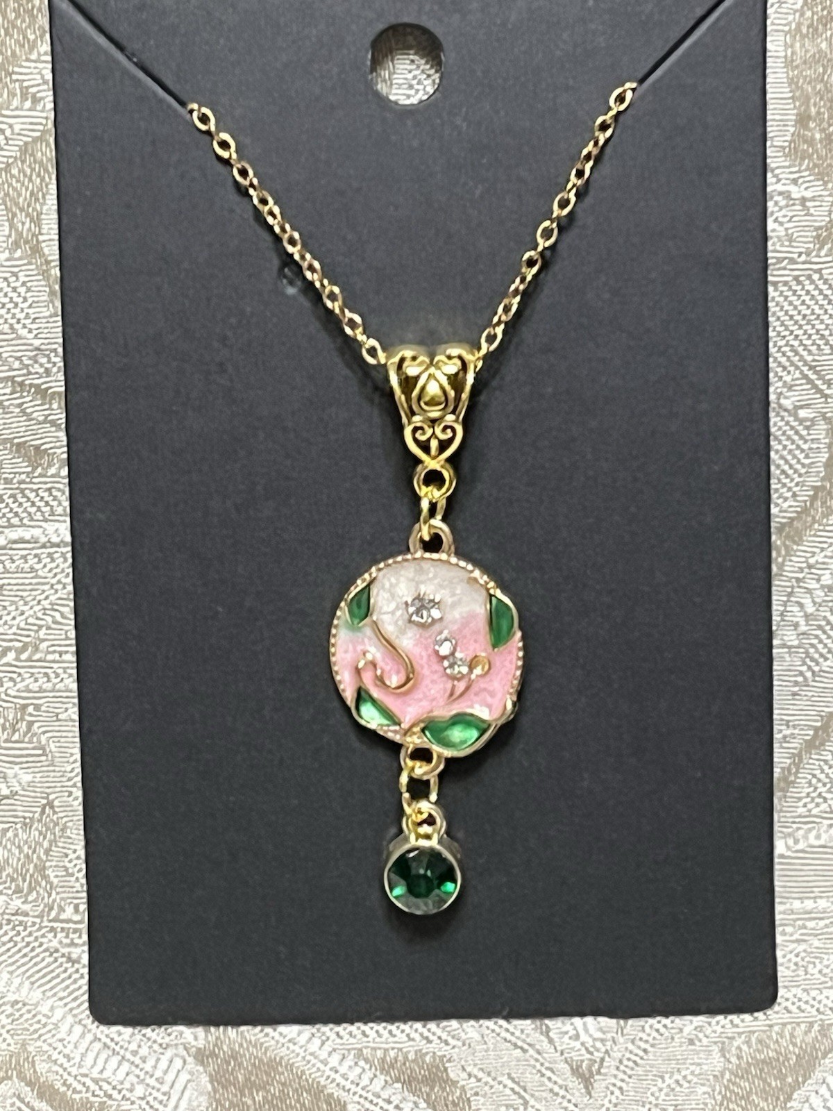 Retro Floral Gem Enamel Pendant Gold 18” Necklace Bohemian Floral Novelty