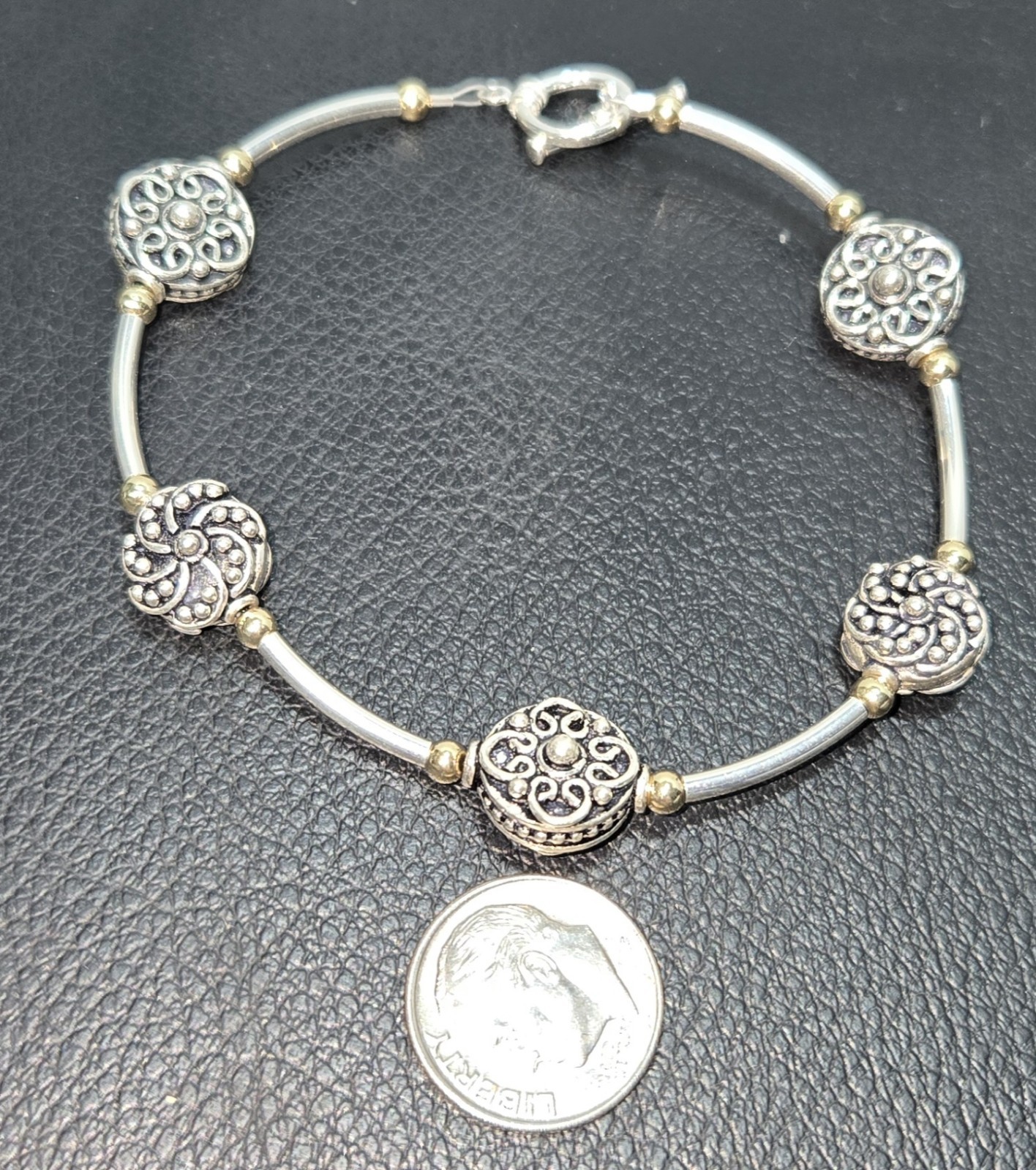 14k Gold Filled and Sterling Silver Bead Bracelet 7 in Mixed Metals Toggle Clasp