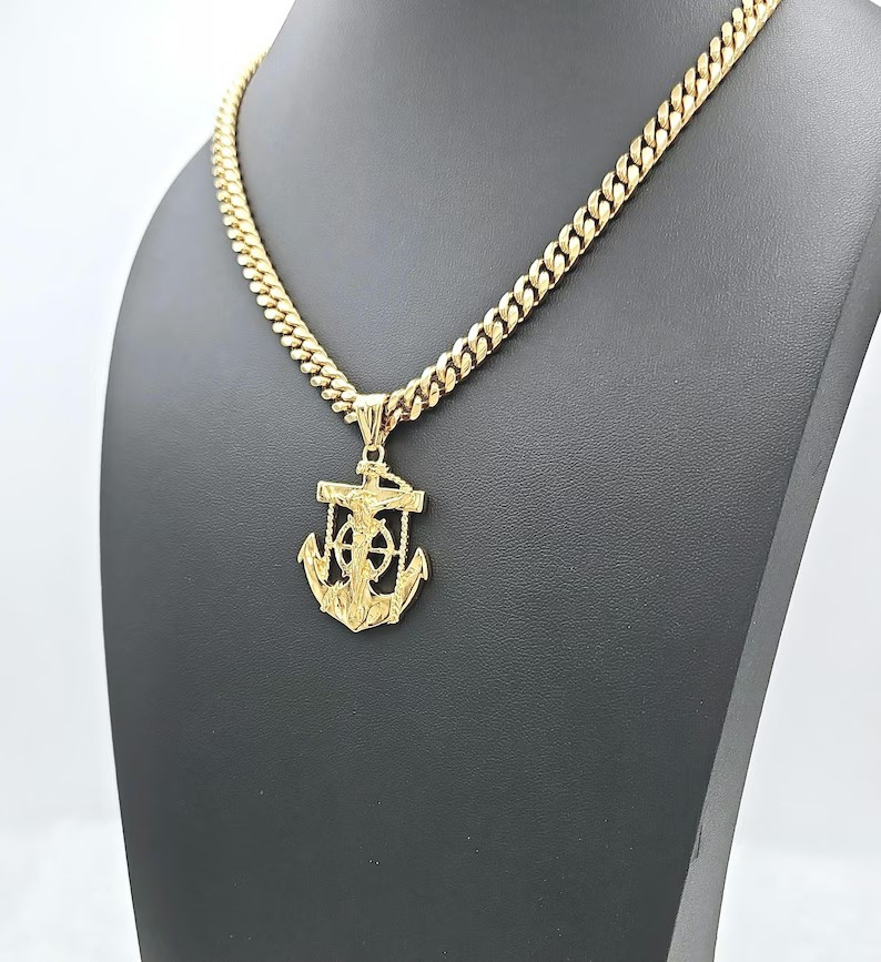 Gold Anchor Jesus Necklace, 14k Gold Plated, 7mm Curb Chain, No Fade