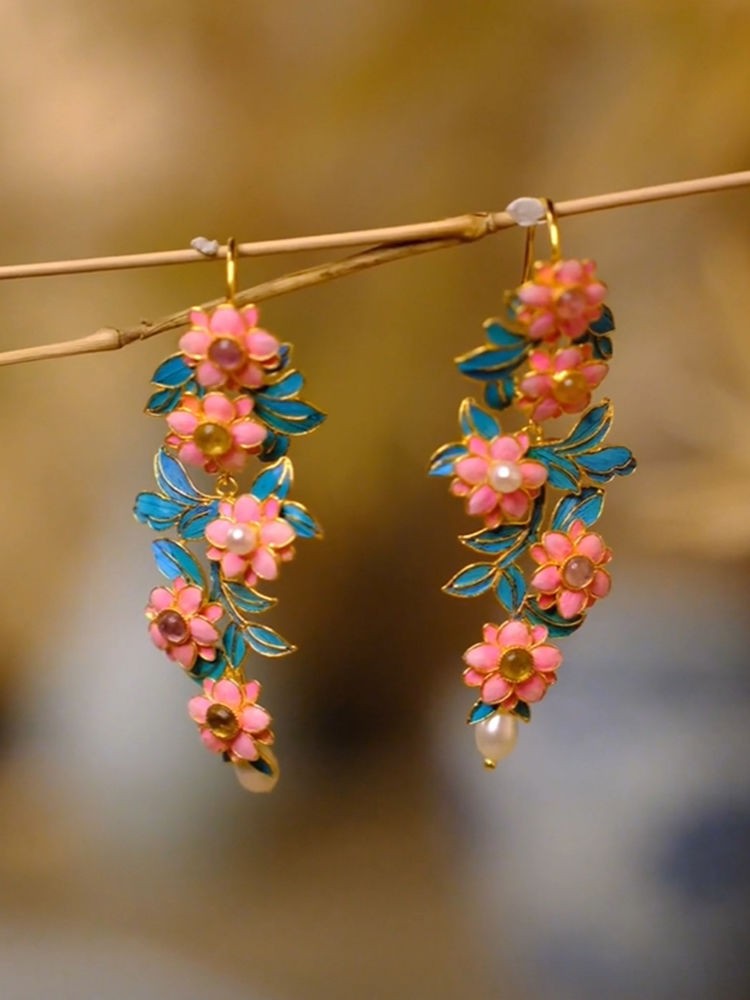 Chinese Style Filigree Enamel Flower Earrings Pearl Tassel Vintage Jewelry