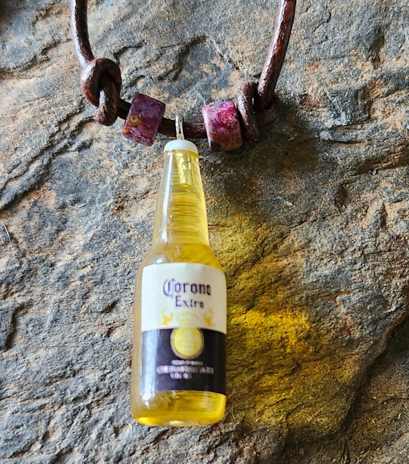 Beer Bottle Necklace, Novelty Necklace, Beer Jewelry, Leather Cord, Handmade!