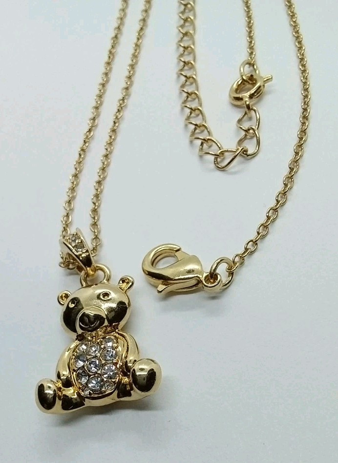 Cute Signed NVC Teddy Bear Goldtone Rhinestone Pendant Necklace #208