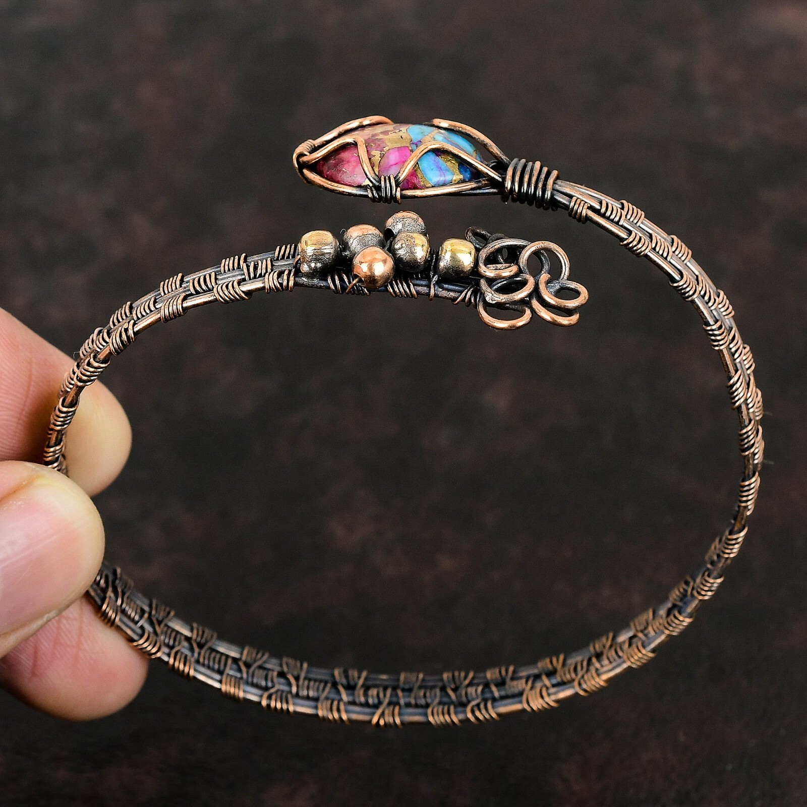 Kingman Pink Dahlia Turquoise Copper Gift For Mum Wire Wrap Adjustable Bangle