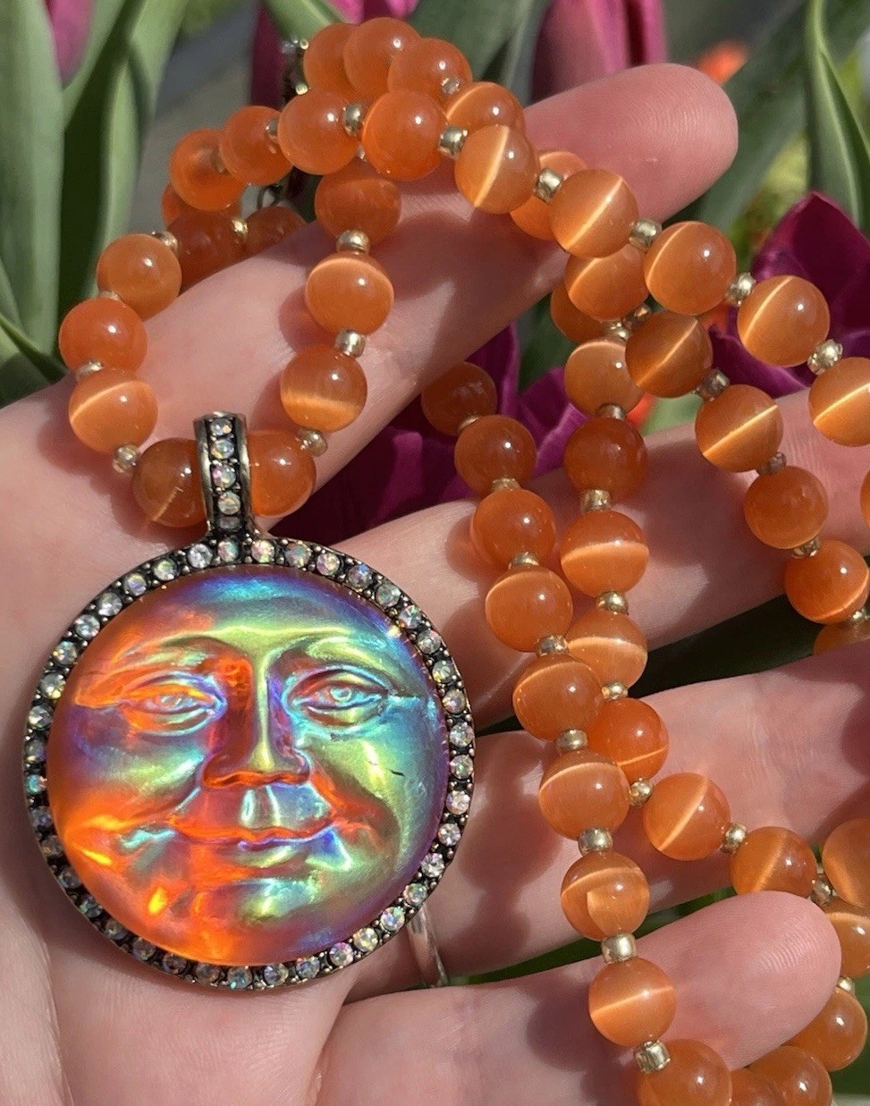 Kirk’s Folly Style Inspired Sea view Moon Face Orange Glow Necklace Rhinestone