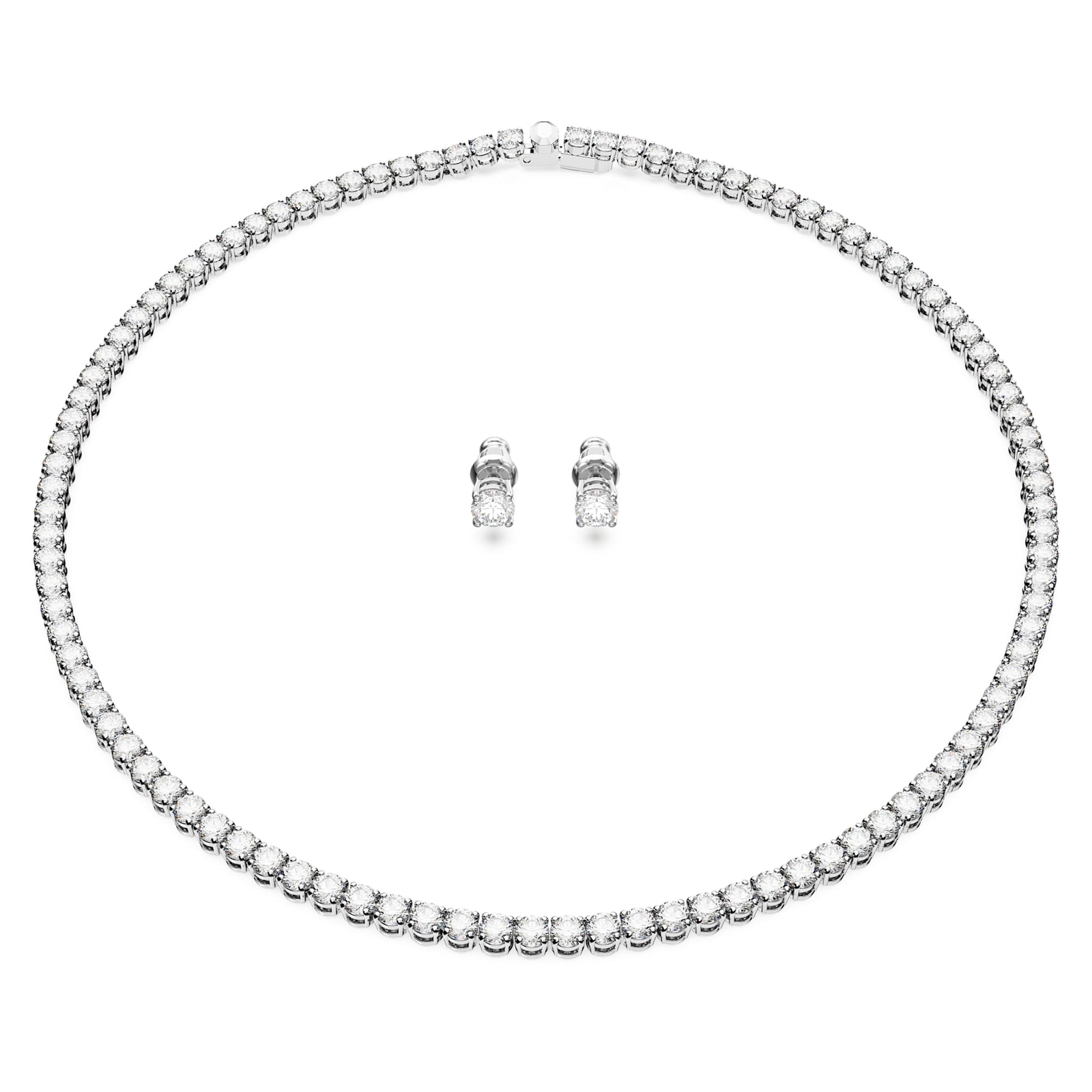 Swarovski Matrix Tennis Set Round Cut, White, Rhodium Plated Necklace & Earrings