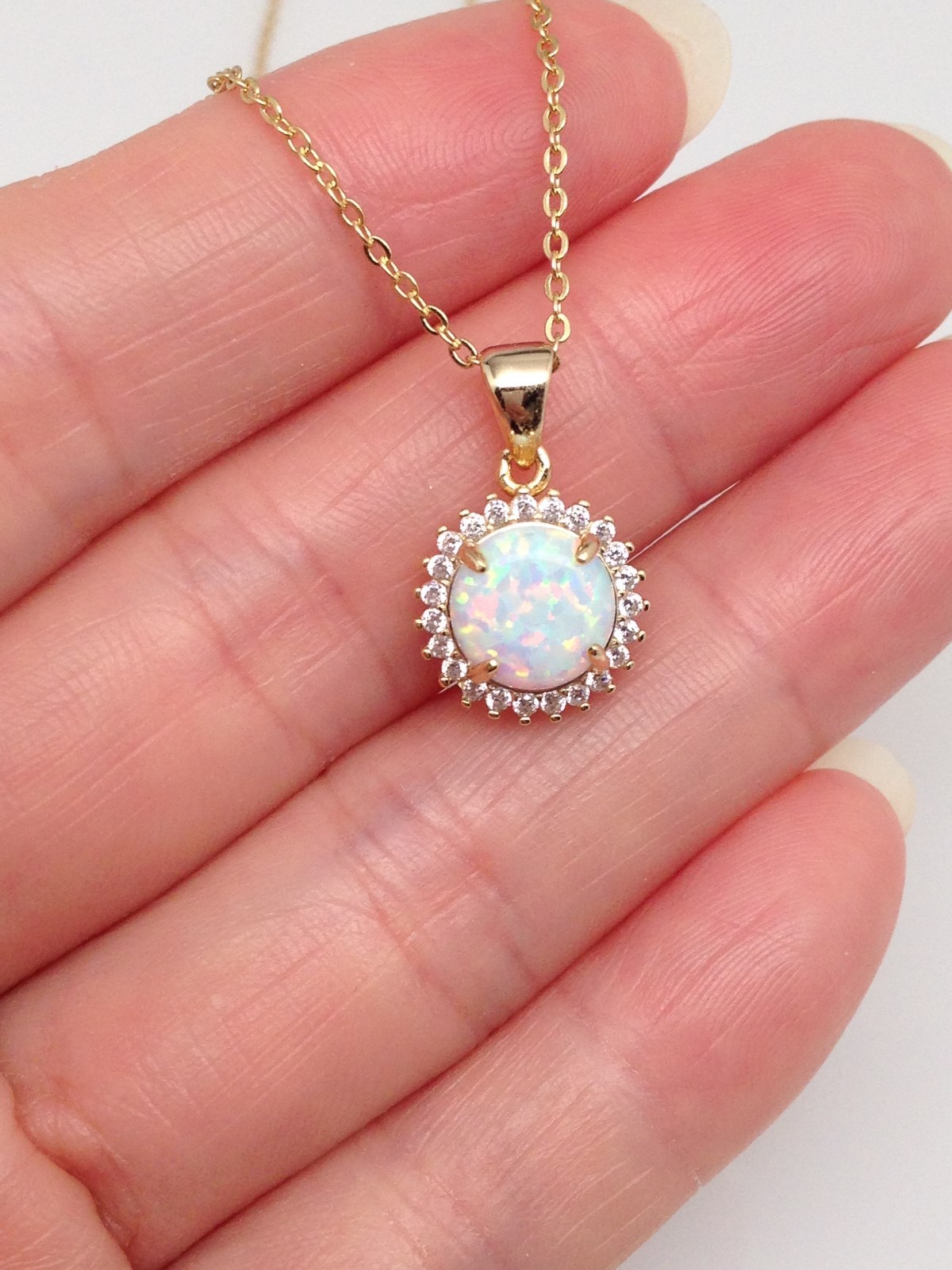 925 Sterling Silver White Opal Halo Pendant Necklace Cz 10mm 16-18″ Simulated