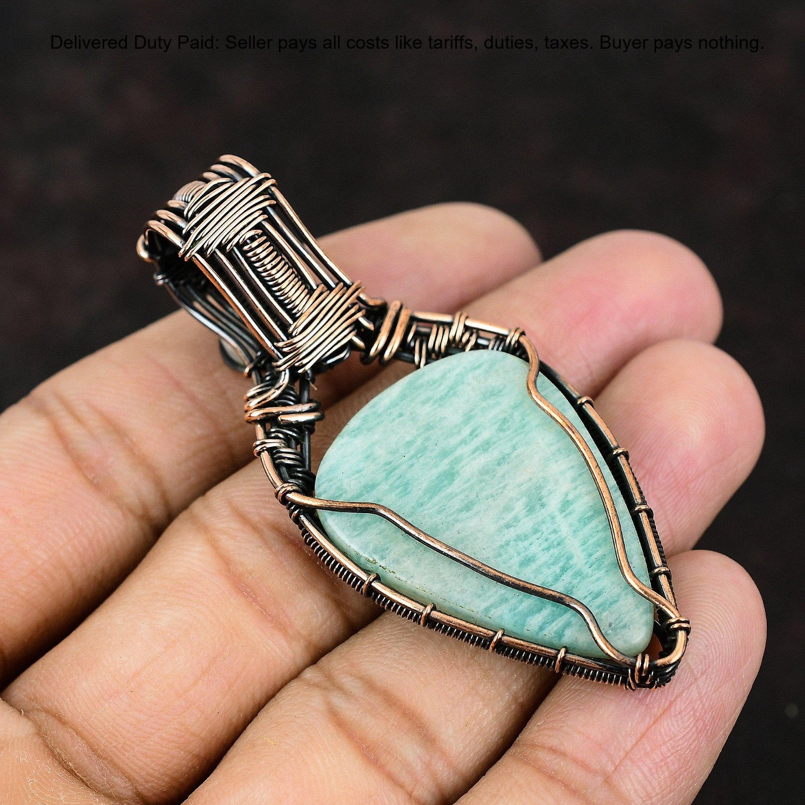 Pear Amazonite Gemstone Rainbow Moonstone Copper Twisted Wife Pendant Jewelry