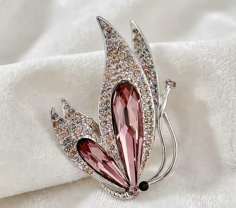 Butterfly Jewelry Set Necklace Earrings Brooch Silver Plated Rhinestone Crystal
