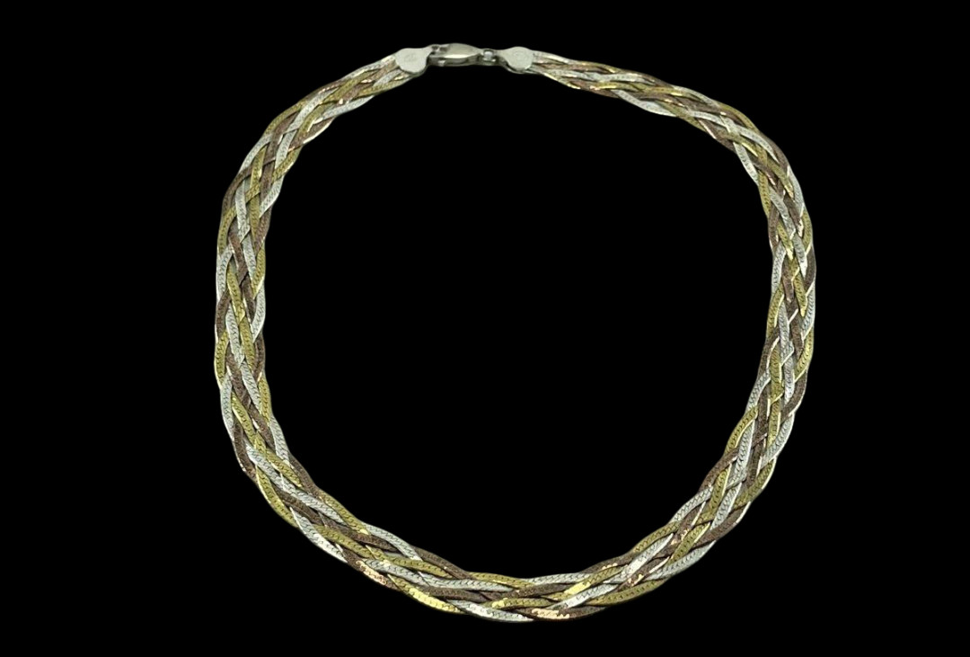 925 Sterling Silver TRI color GOLD Plate Braided Herringbone Necklace 16.8 g 16″