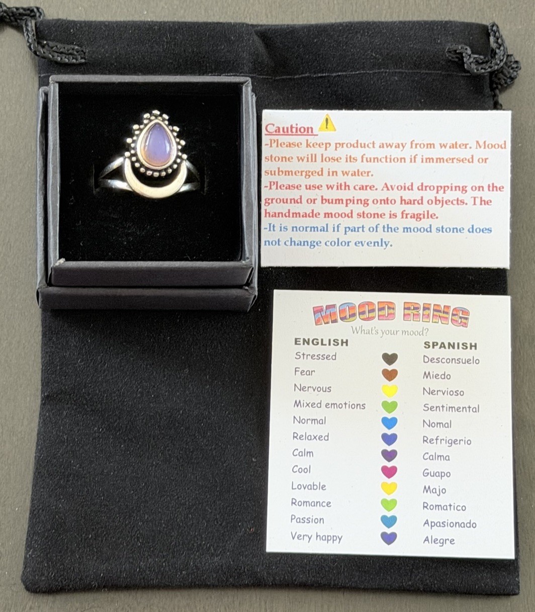 Sterling Silver Moon Teardrop Stone Mood Ring + Color Chart + Gift Box Size 6.5