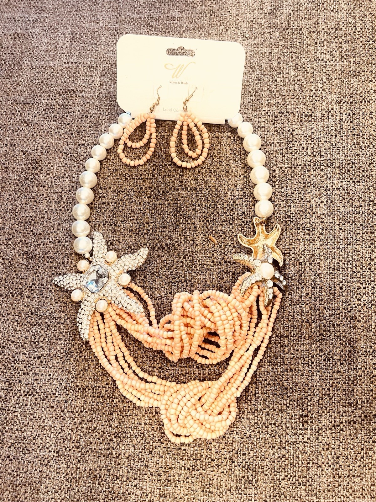 Statement Peach Beaded Necklace & Earring Set with Pearl Accents