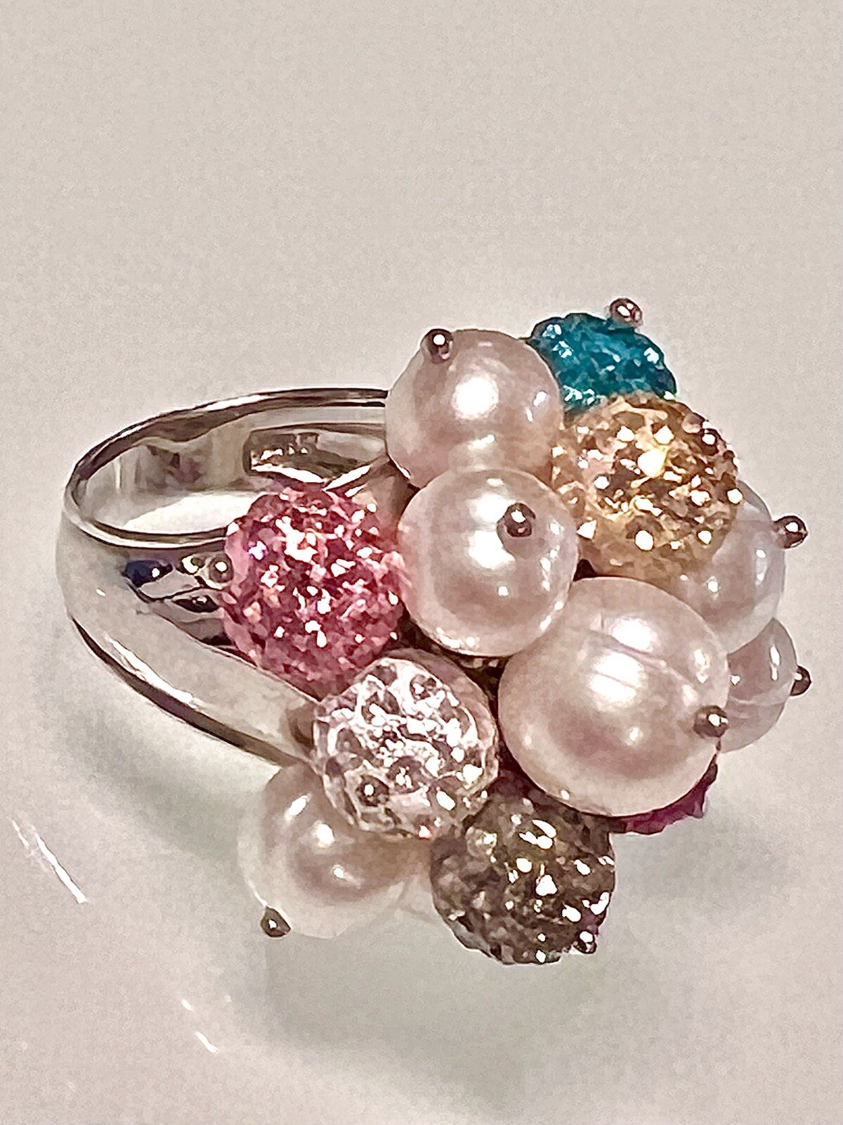 ROSS SIMONS~925 SS PEARLS W COLORED CRYSTAL BALL CLUSTER RING~SZ 7.25~15.7G