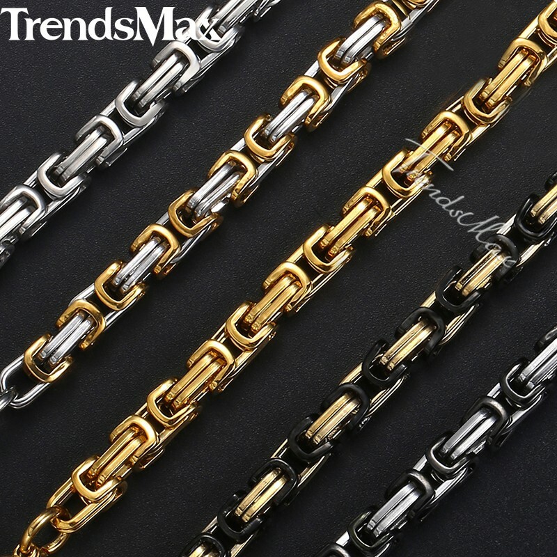5mm Mens Byzantine Box Link Chain Stainless Steel Necklace Silver/Gold Plated