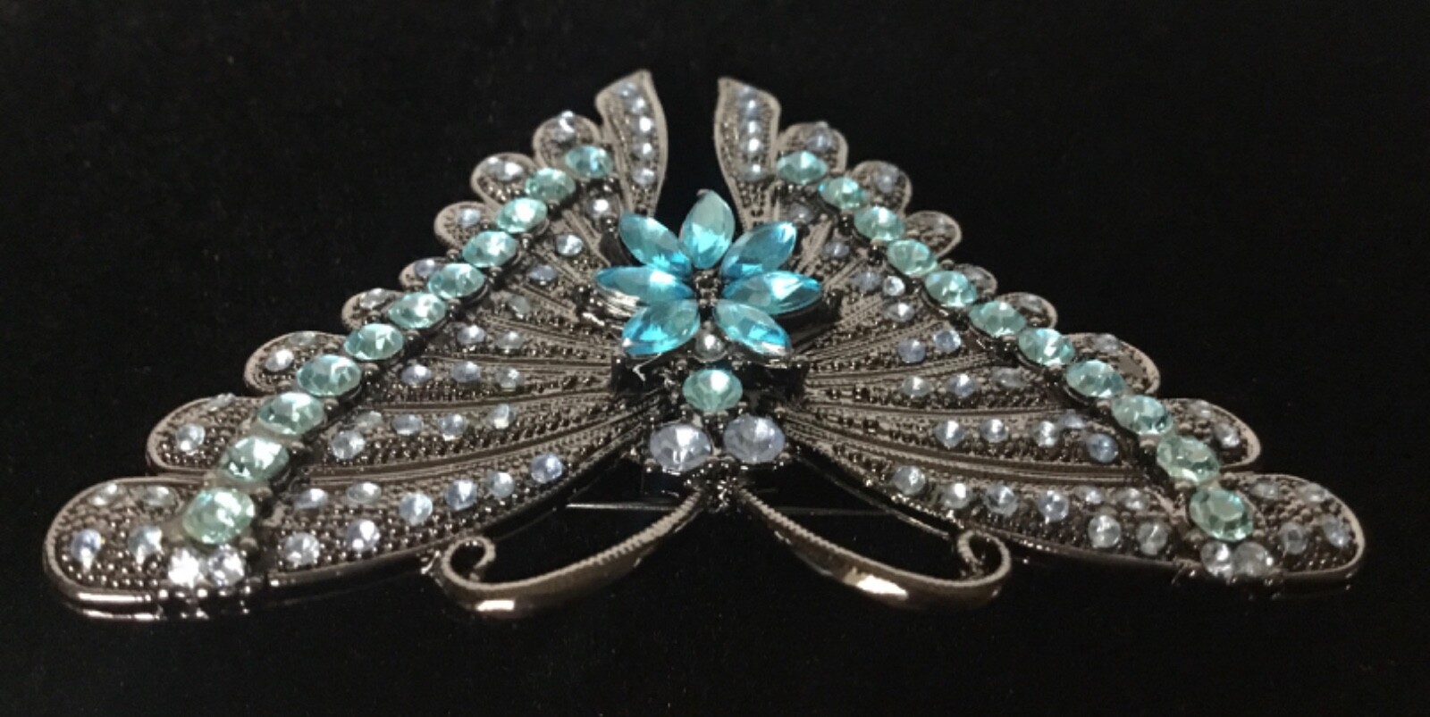 Butterfly Pin Pendant Black Metal Blue Pave Rhinestones