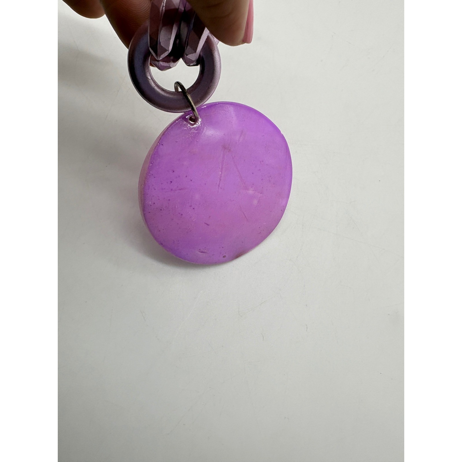 Purple Chunky Link Statement Necklace Iridescent Shell Pendant Silver Tone 17in
