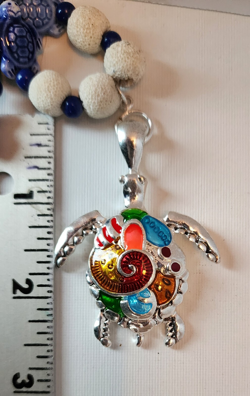 Ceramic Sea Turtle Beaded Necklace Enamel Turtle Pendant Colorful 21″