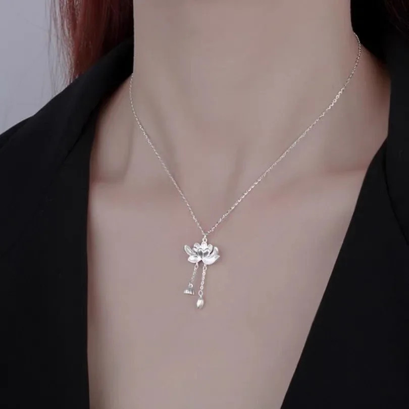 Lotus Tassel Necklace Women’s New Popular Good Luck Lotus Pendant Chinese Style