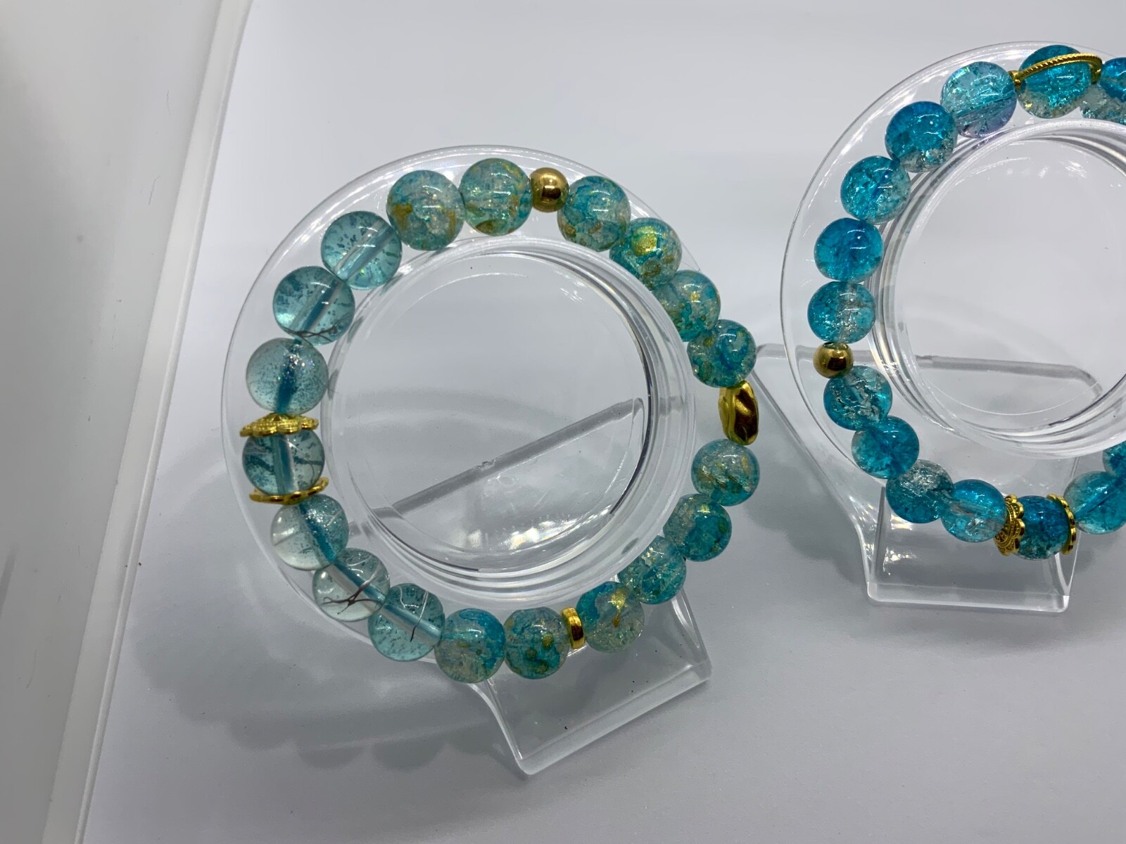 Lot of 3 Blue Teal Glass 9.5-10mm Bead Bracelet Jewelry Holiday 7in-8inch