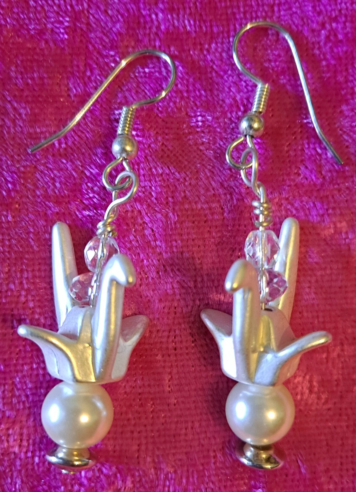 Origami Look Bird Earrings With Crystal and Faux Pearl Metal Earrings