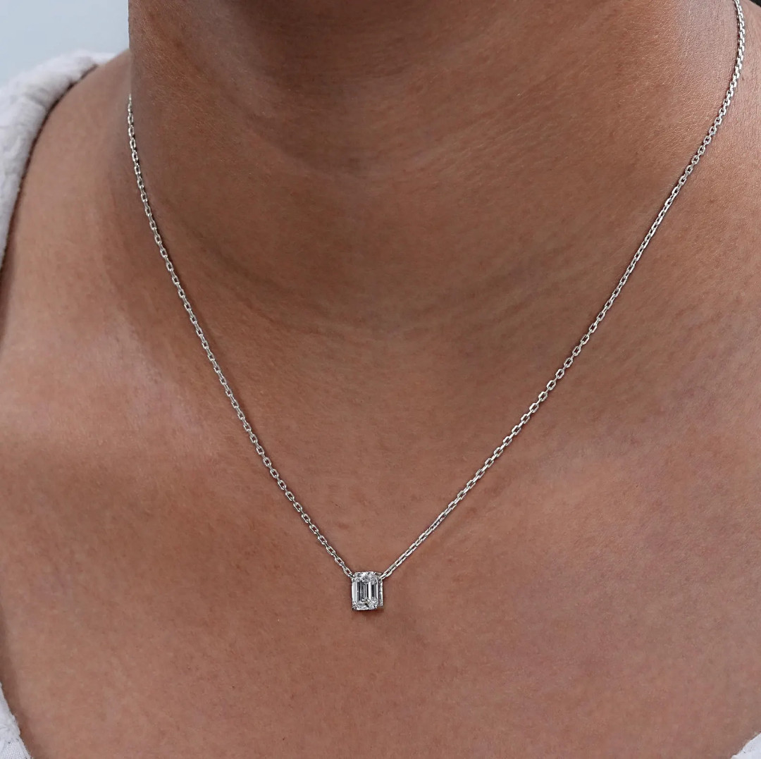 Lab Grown Diamond 1.00 Ct Emerald Cut EF VS Solitaire Necklace in 14K White Gold