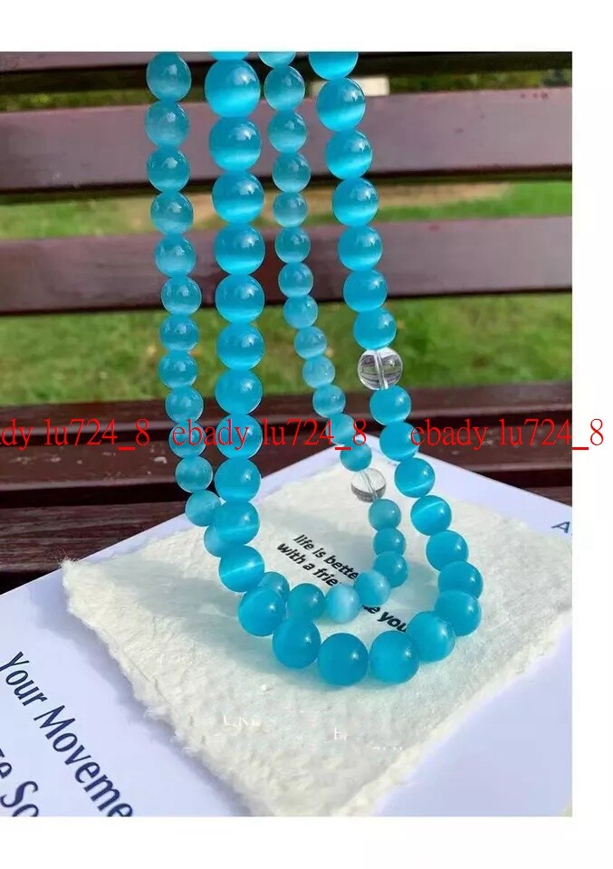 1Pcs Fashion 6/8mm Blue Cat Eye Opal Gemstone Round Beads Necklace 18” Strand