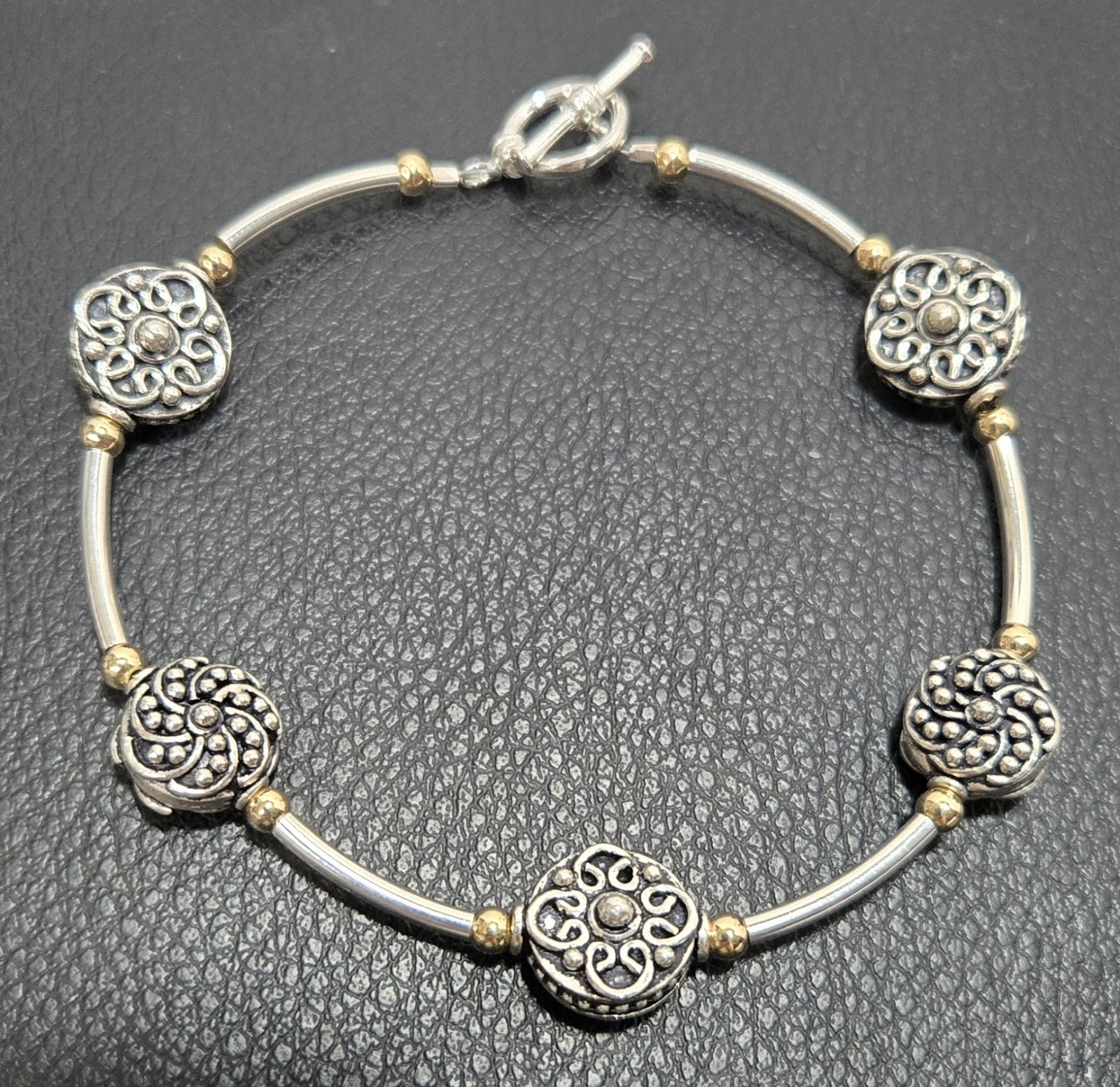 14k Gold Filled and Sterling Silver Bead Bracelet 7 in Mixed Metals Toggle Clasp