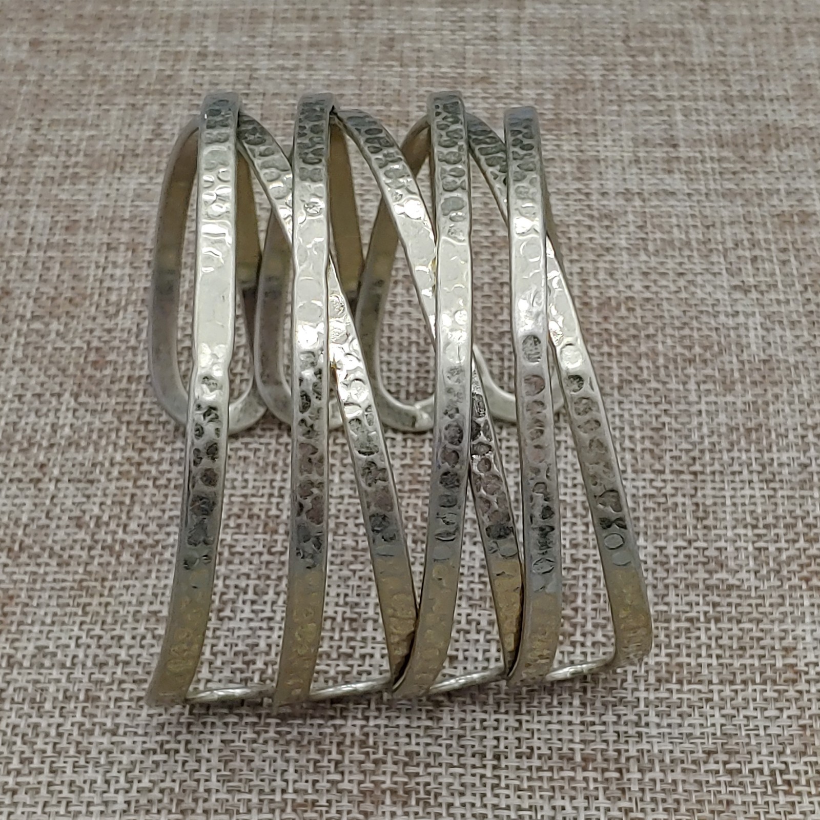 Cuff Hammered Bracelet Wide Gold Tone Metal Open “X” Cross Weave Statement 7″
