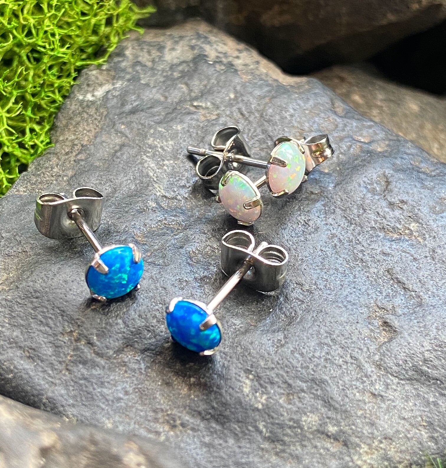 PAIR Prong Set Opal Earrings 316L Surgical Steel – choose from 2 colors, 3 sizes