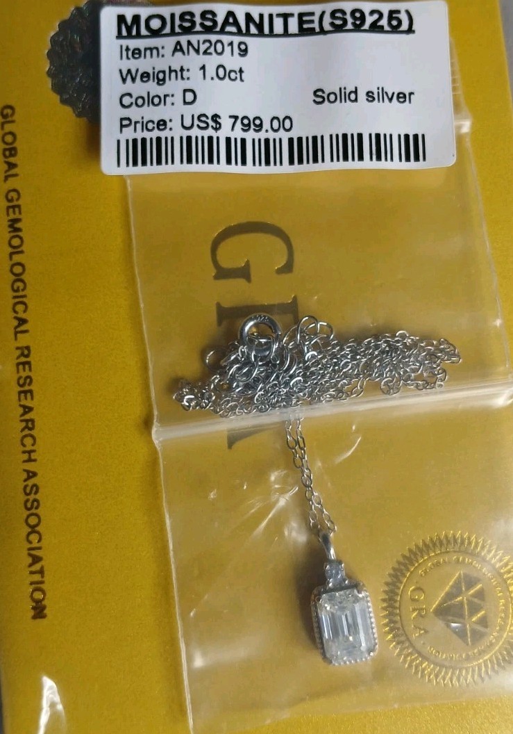 Solid Silver Stamped 925 necklace 18″ 1.0ct. Certified, GRA Certificate Incl.