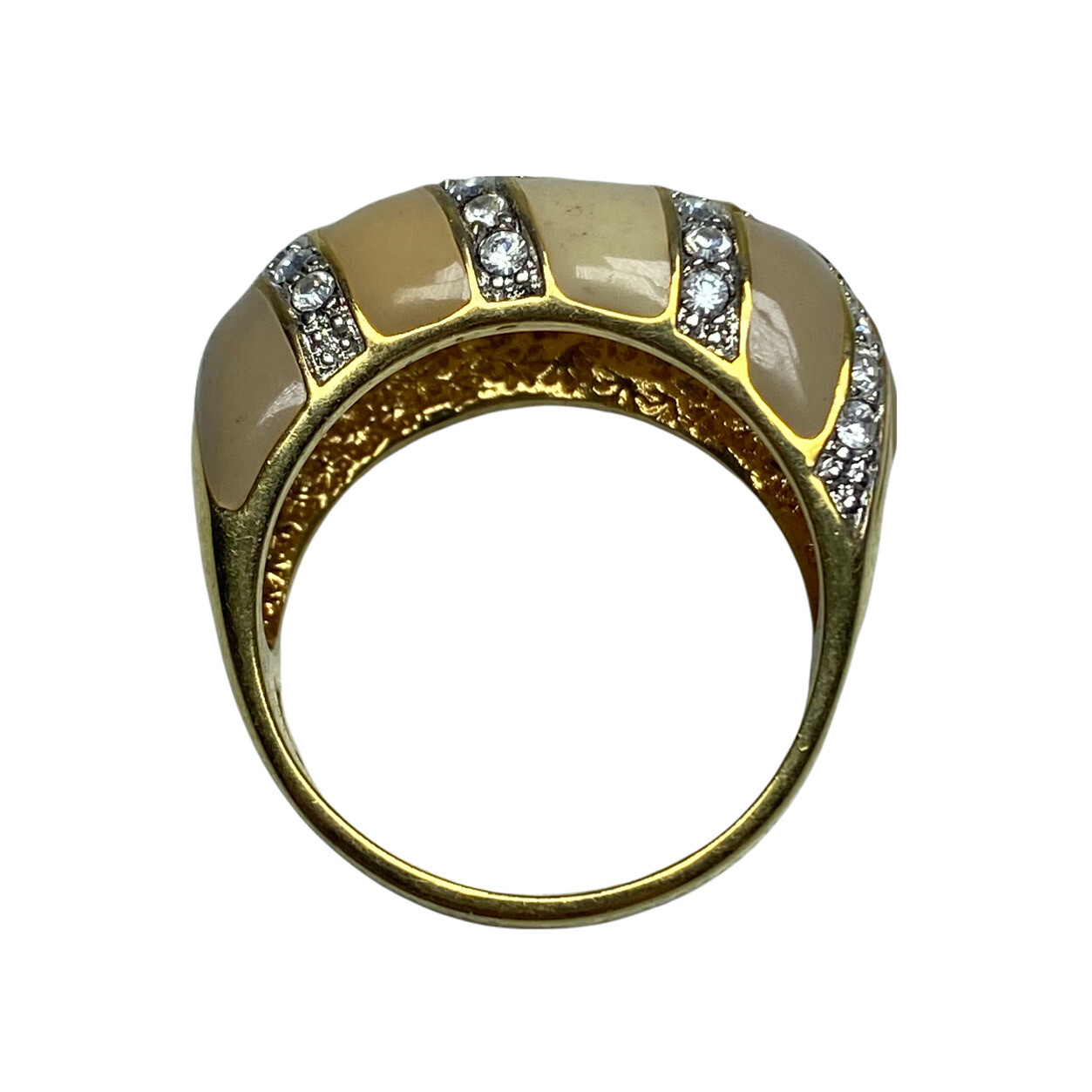 Signed JOAN RIVERS Thick Enamel Rhinestone Ring Gold Tan Beige PICK SIZE 6-7-8-9