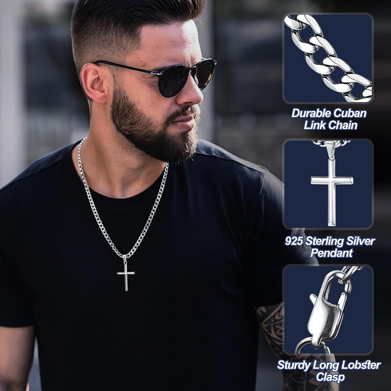 Elegant Beveled Edge Sterling Silver Cross Necklace – Adjustable 16-30 Inches