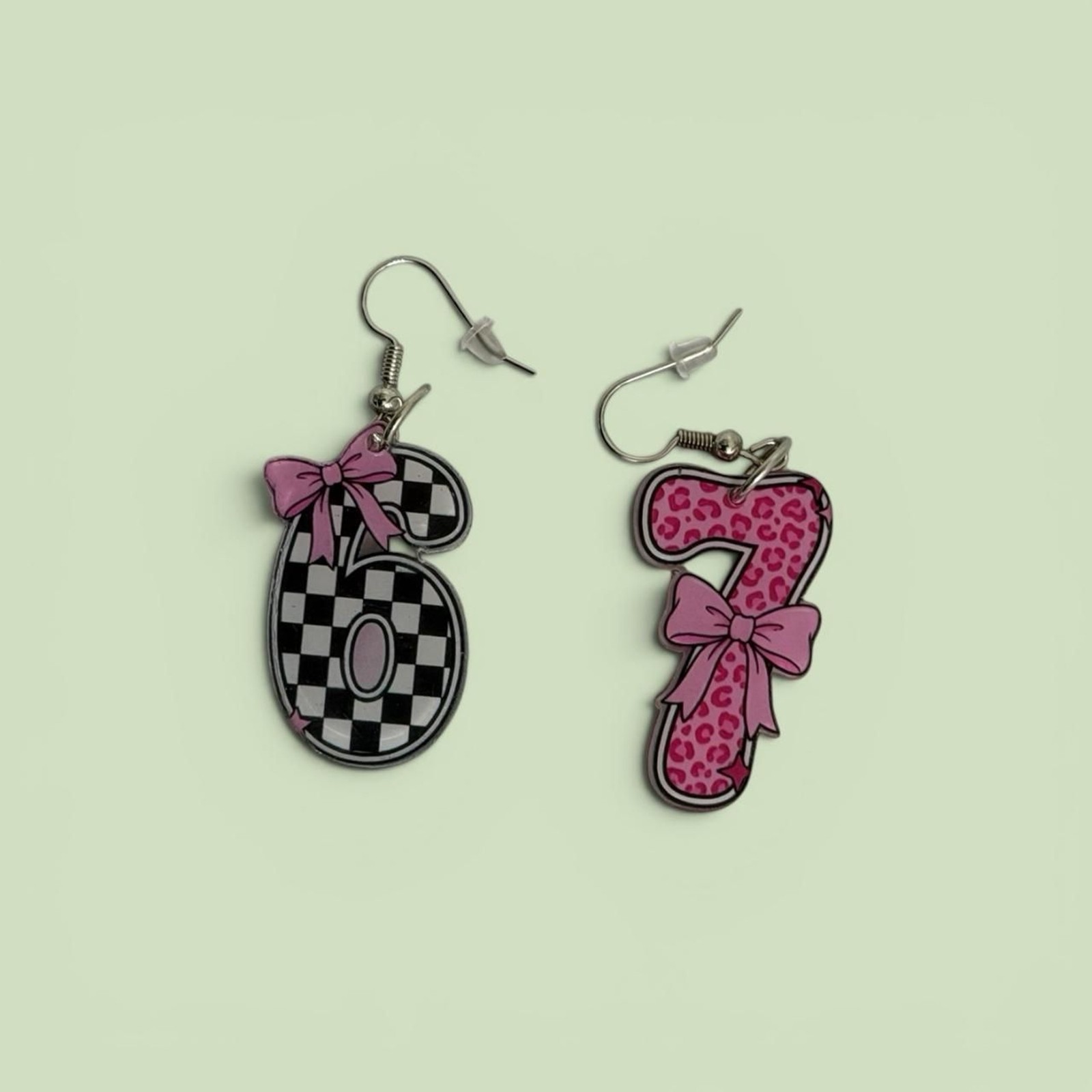 Coquette Aesthetic Number “67” Earrings Pink Bow & Checkerboard Dangle
