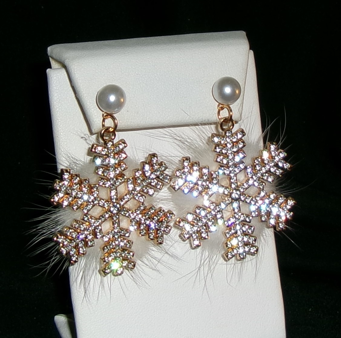 Snowflake WINTER Earrings Clear Rhinestones Faux Fur Back Pierced NEW