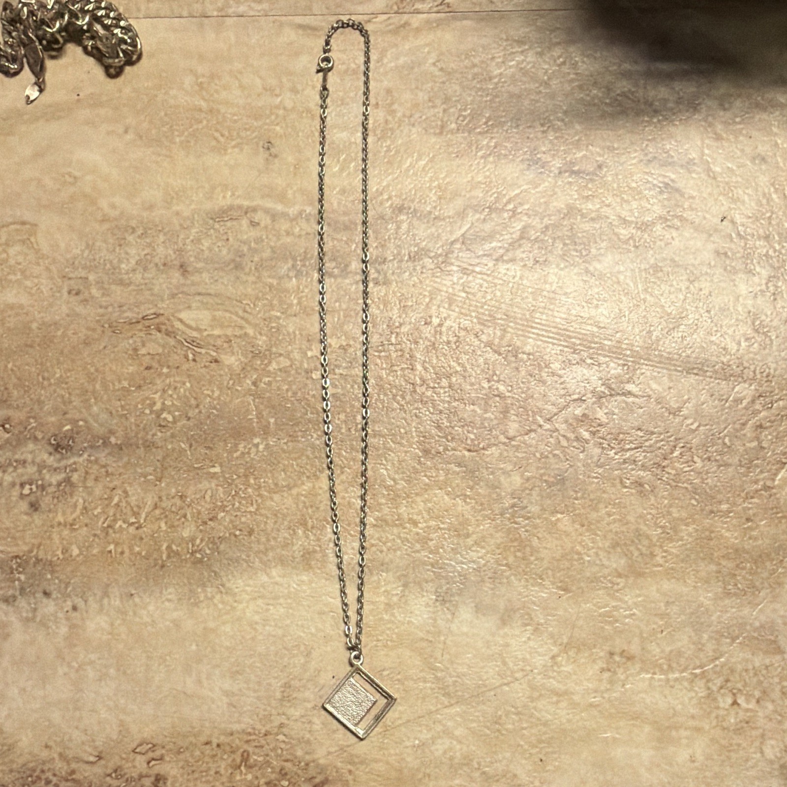 Silver Tone Square Orange Stone Bezel Charm Pendant Necklace Cable Spring Ring