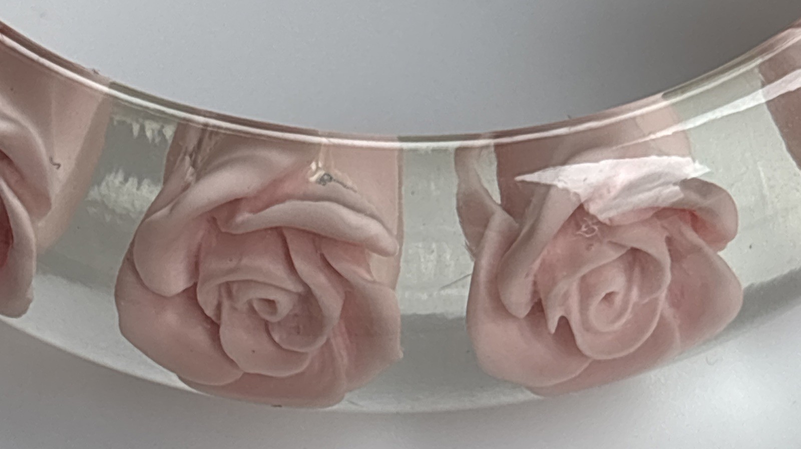 Vintage Lucite Clear Bangle Plastic Resin Pink Embedded Roses