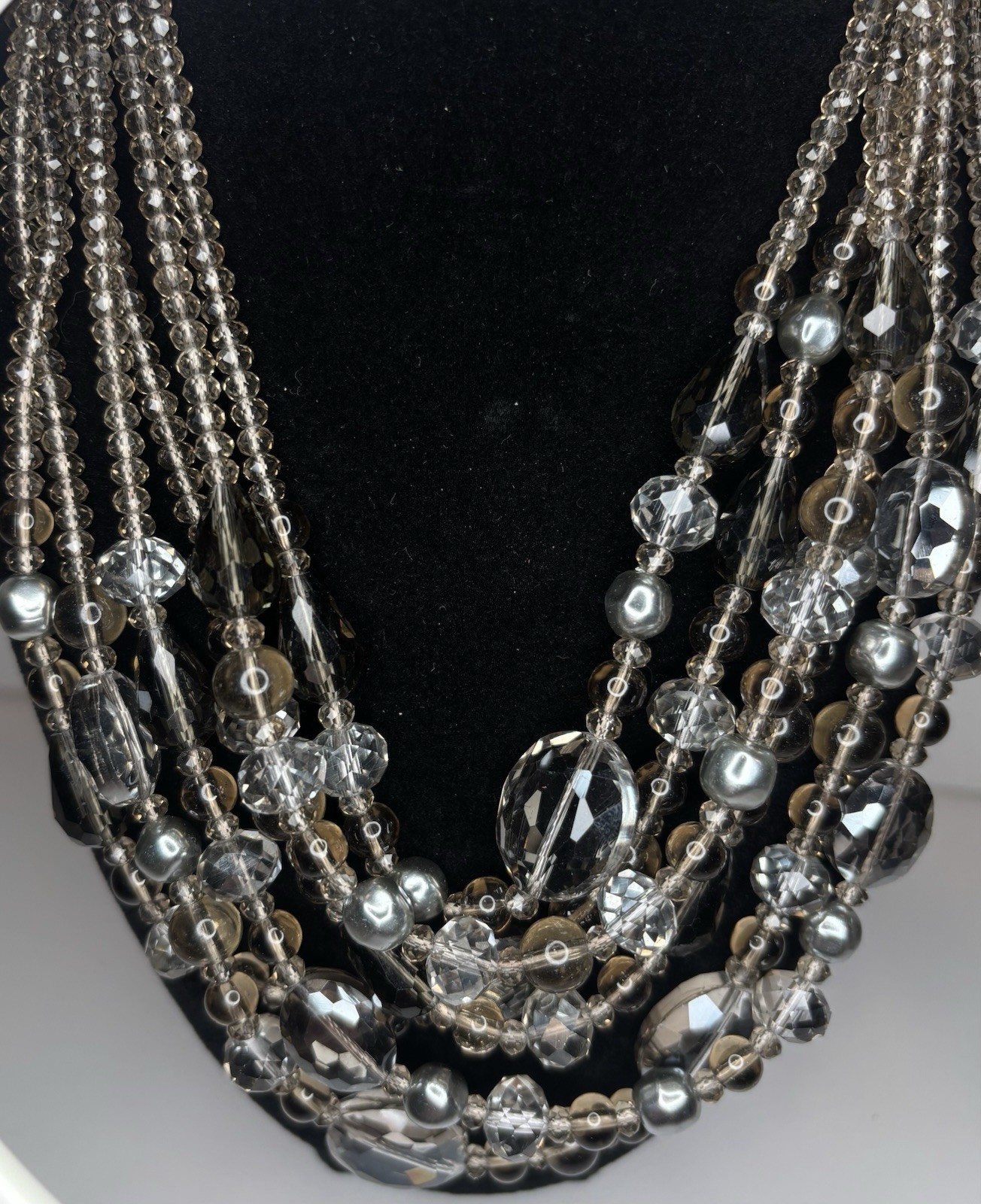Talbots 6 Strand Gray Smoky Glass Bead Statement Necklace 21” Layered Signed