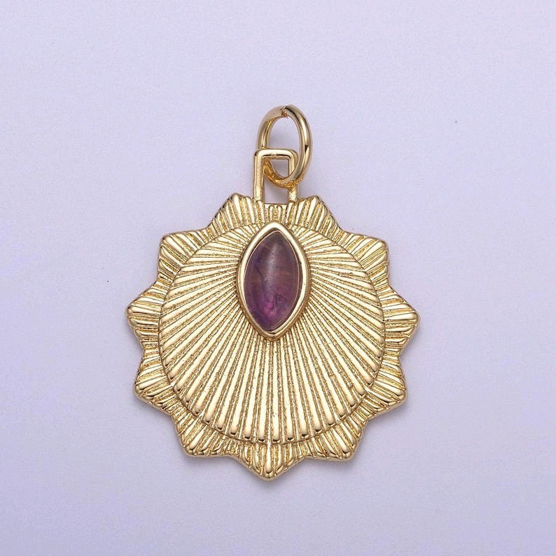 24K Gold Radial Sun Token Medallion Charm Pendant with Natural Amethyst Gemstone