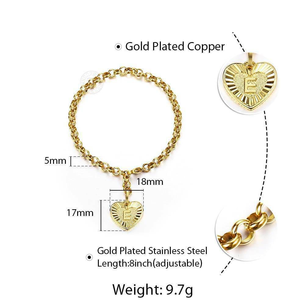 Women Gold Plated Stainless Steel Bracelet Heart Charm 8 inch 5mm Cable Chain